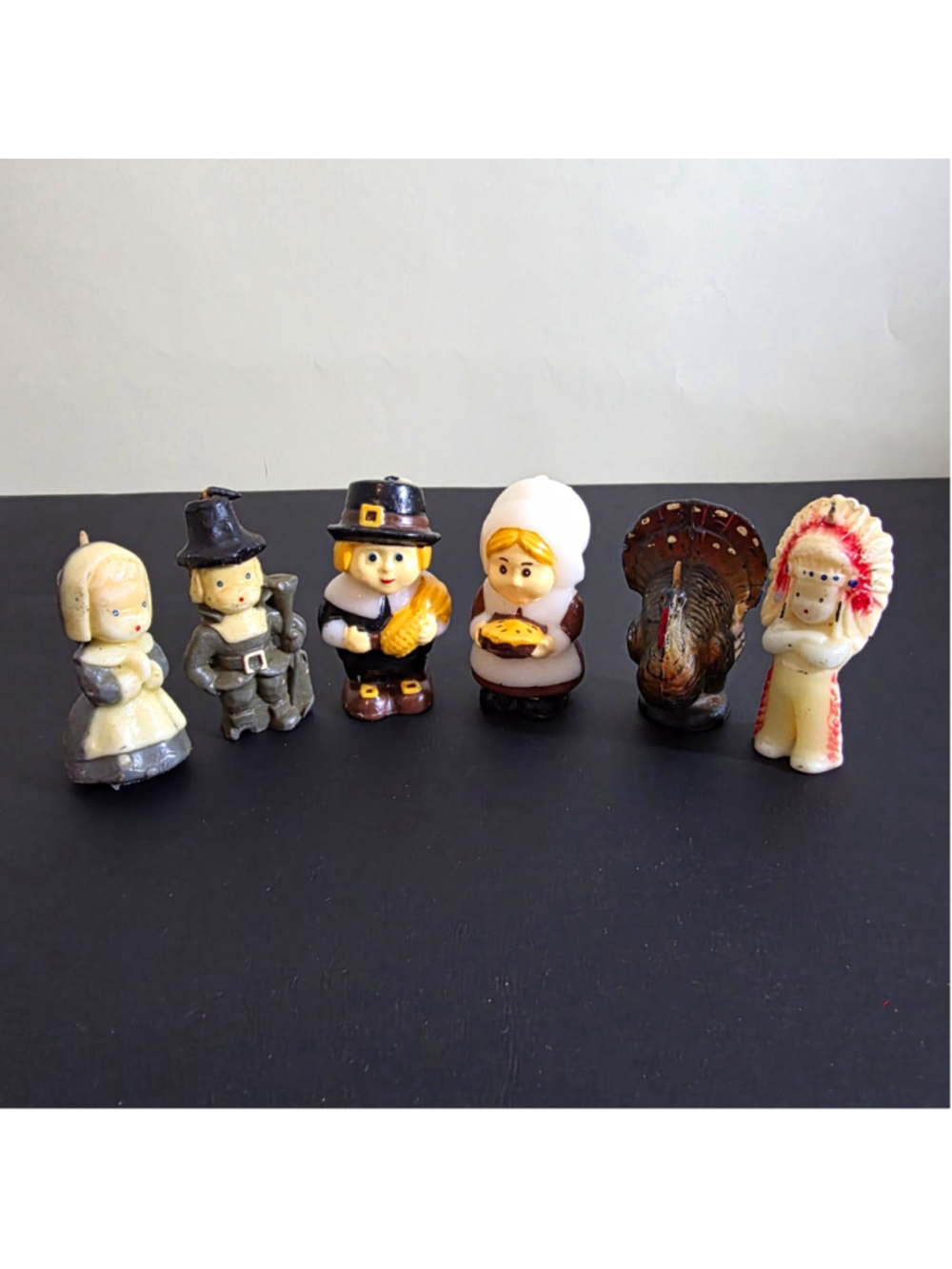 Lot of 6 Hand-Painted Figural Mini Wax Candles Pilgrims Turkey Native American